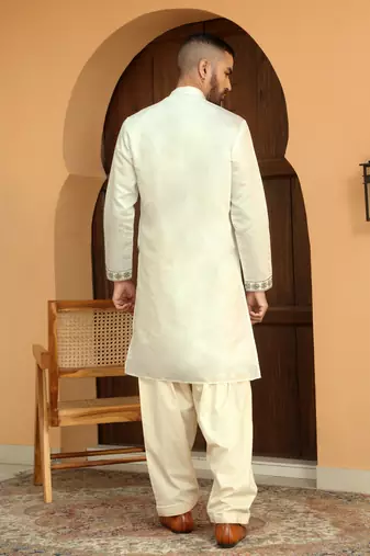 Cotton silk embroidered yoke design mandarin collor cream kurta