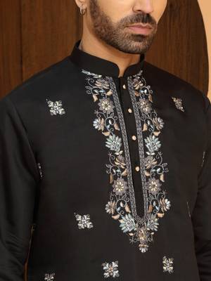 Cotton silk embroidered yoke design mandarin collor black kurta 2