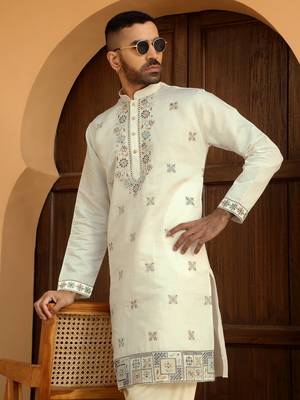 Cotton silk embroidered yoke design mandarin collor cream kurta 5