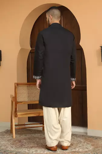 Cotton silk embroidered yoke design mandarin collor black kurta