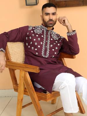 Embroidered sequenced cotton silk mandarin collor wine kurta 1