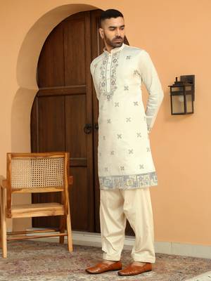 Cotton silk embroidered yoke design mandarin collor cream kurta 6