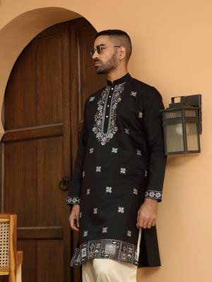 Cotton silk embroidered yoke design mandarin collor black kurta 4