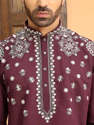 Embroidered sequenced cotton silk mandarin collor wine kurta 3