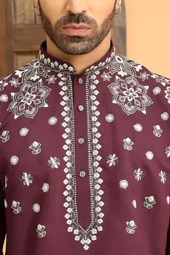 Embroidered sequenced cotton silk mandarin collor wine kurta