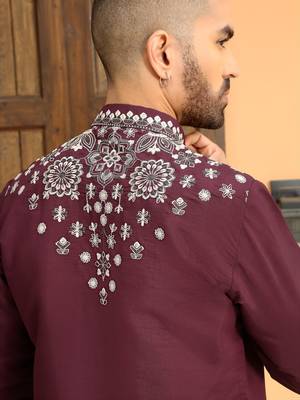 Embroidered sequenced cotton silk mandarin collor wine kurta 4