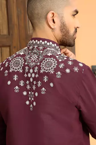 Embroidered sequenced cotton silk mandarin collor wine kurta