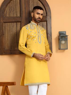Embroidered sequenced cotton silk mandarin collor mustard kurta 1
