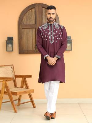 Embroidered sequenced cotton silk mandarin collor wine kurta 5