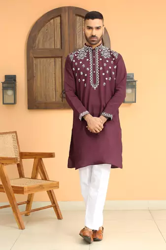Embroidered sequenced cotton silk mandarin collor wine kurta