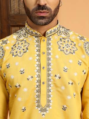 Embroidered sequenced cotton silk mandarin collor mustard kurta 2
