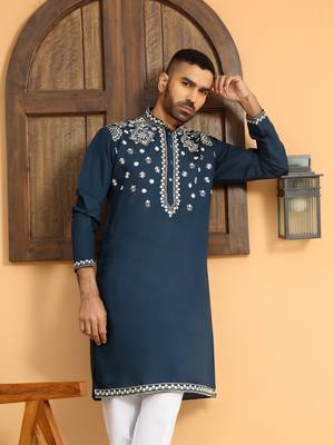 Embroidered sequenced cotton silk mandarin collor blue kurta 1