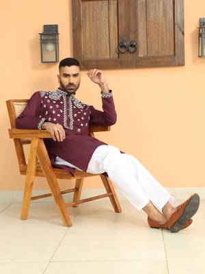 Embroidered sequenced cotton silk mandarin collor wine kurta 6