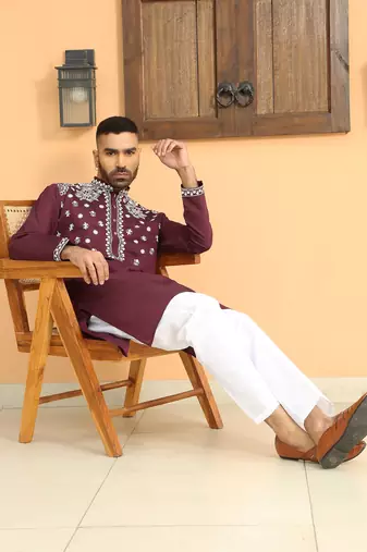Embroidered sequenced cotton silk mandarin collor wine kurta