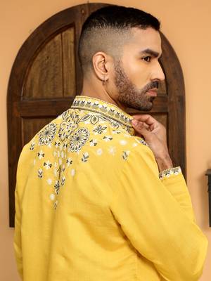 Embroidered sequenced cotton silk mandarin collor mustard kurta 3
