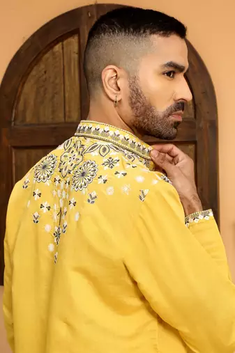 Embroidered sequenced cotton silk mandarin collor mustard kurta