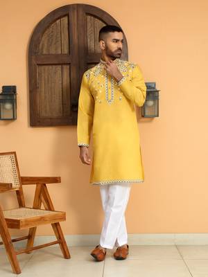 Embroidered sequenced cotton silk mandarin collor mustard kurta 4