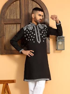 Embroidered sequenced cotton silk mandarin collor black kurta 1