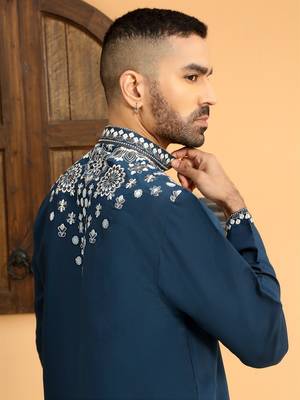 Embroidered sequenced cotton silk mandarin collor blue kurta 3