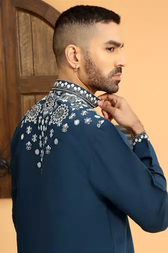 Embroidered sequenced cotton silk mandarin collor blue kurta