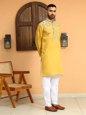 Embroidered sequenced cotton silk mandarin collor mustard kurta 5