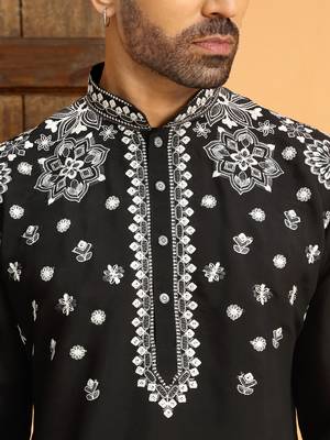 Embroidered sequenced cotton silk mandarin collor black kurta 2