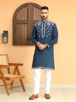 Embroidered sequenced cotton silk mandarin collor blue kurta 4