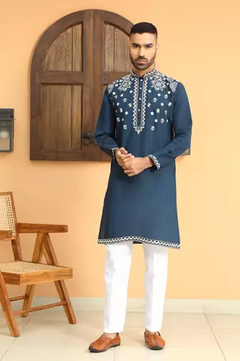 Embroidered sequenced cotton silk mandarin collor blue kurta
