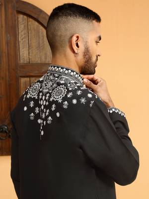 Embroidered sequenced cotton silk mandarin collor black kurta 3