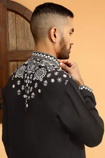 Embroidered sequenced cotton silk mandarin collor black kurta