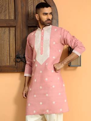 Embroidered yoke design cotton silk mandarin collor pink kurta 1
