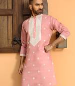 Embroidered yoke design cotton silk mandarin collor pink kurta