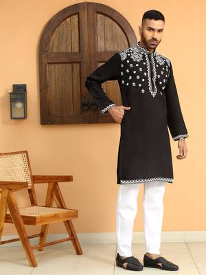 Embroidered sequenced cotton silk mandarin collor black kurta 4