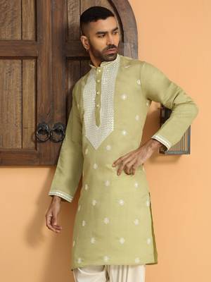 Embroidered yoke design cotton silk mandarin collor green kurta 1