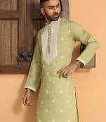 Embroidered yoke design cotton silk mandarin collor green kurta