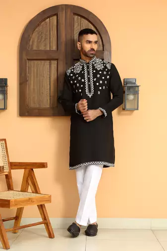 Embroidered sequenced cotton silk mandarin collor black kurta