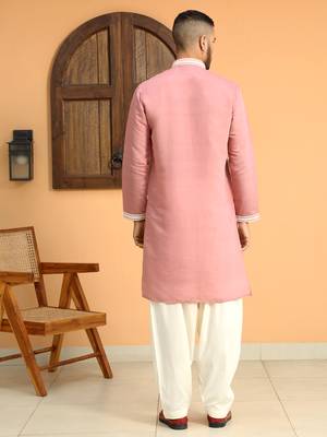 Embroidered yoke design cotton silk mandarin collor pink kurta 4