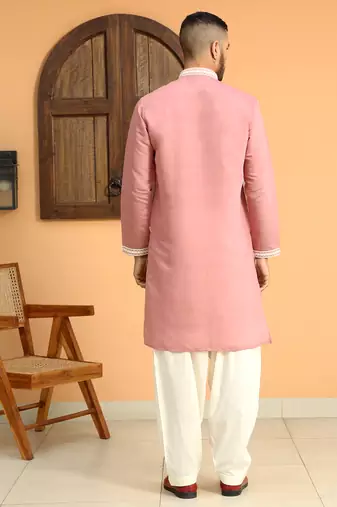 Embroidered yoke design cotton silk mandarin collor pink kurta