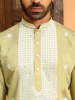 Embroidered yoke design cotton silk mandarin collor green kurta 2