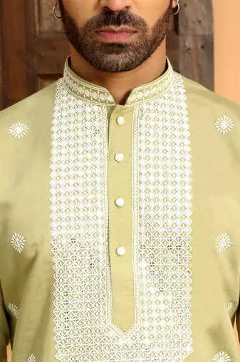 Embroidered yoke design cotton silk mandarin collor green kurta