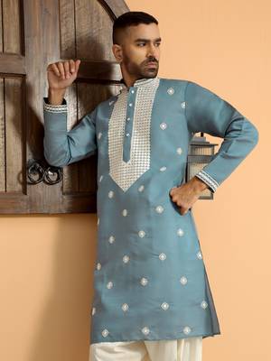 Embroidered yoke design cotton silk mandarin collor blue kurta 1