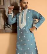 Embroidered yoke design cotton silk mandarin collor blue kurta