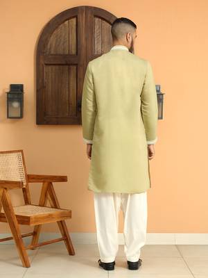 Embroidered yoke design cotton silk mandarin collor green kurta 3