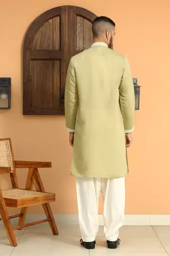 Embroidered yoke design cotton silk mandarin collor green kurta