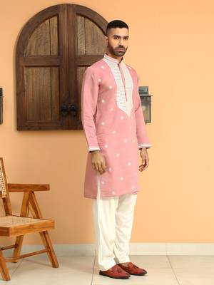 Embroidered yoke design cotton silk mandarin collor pink kurta 6