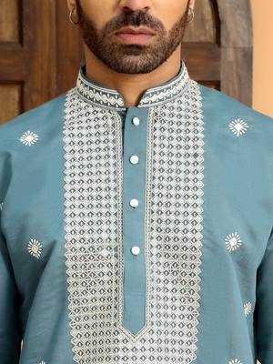 Embroidered yoke design cotton silk mandarin collor blue kurta 2