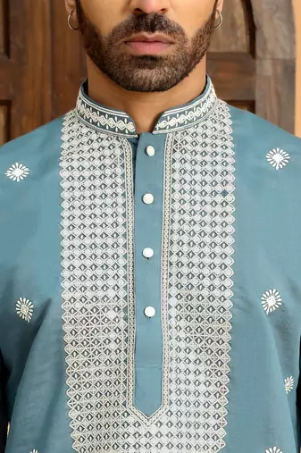 Embroidered yoke design cotton silk mandarin collor blue kurta