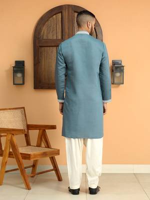 Embroidered yoke design cotton silk mandarin collor blue kurta 3