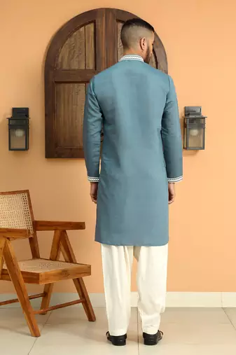 Embroidered yoke design cotton silk mandarin collor blue kurta