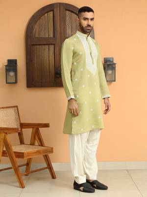 Embroidered yoke design cotton silk mandarin collor green kurta 5